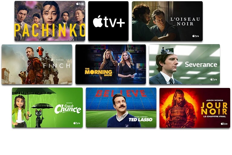 En partant de la gauche, un homme dans le fond noir. Une fille qui tient un cristal, le logo Apple TV+, un homme et un robot debout au milieu de nulle part, une femme dans la maison, deux femmes debout l’une à côté de l’autre, une femme et ses deux enfants en train de courir, un homme qui regarde le ciel, deux hommes face à face.