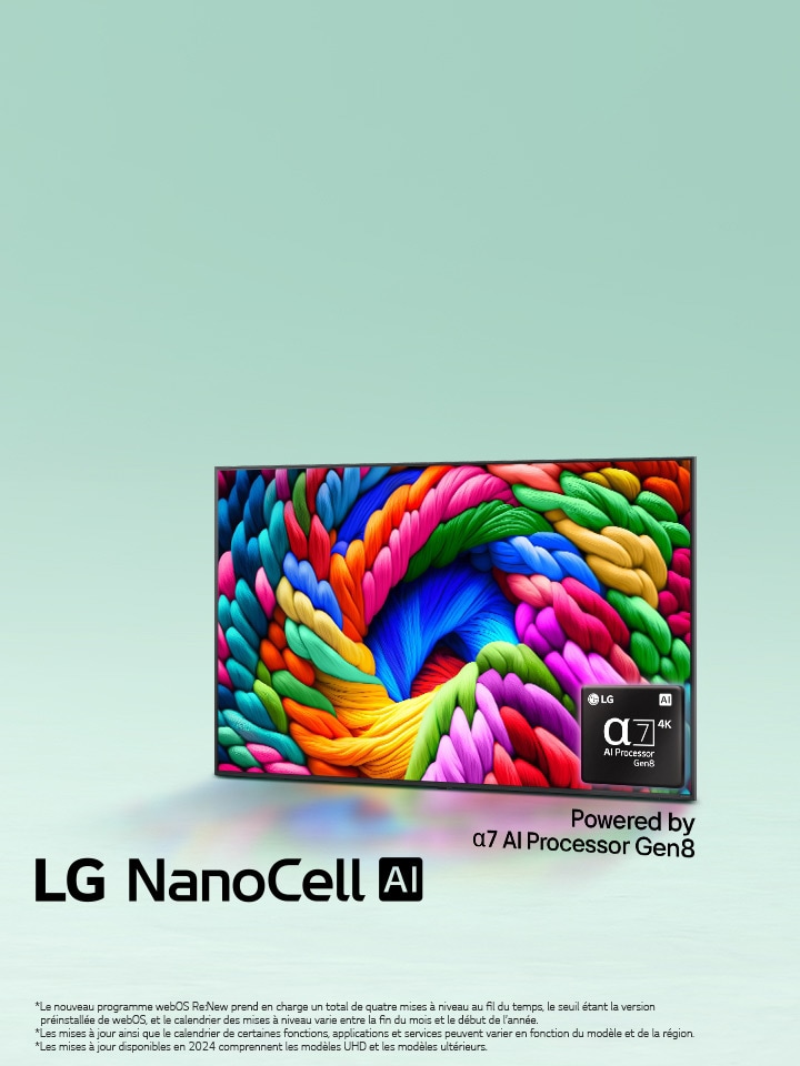 LG NanoCell TV est légèrement incliné vers la gauche et représente des fils colorés. Le logo du processeur alpha 7 AI Gen8 est intégré dans le coin inférieur droit du téléviseur. L’arrière-plan est un dégradé sarcelle clair. Le texte est également visible, alimenté par le processeur alpha 7 AI Gen8.