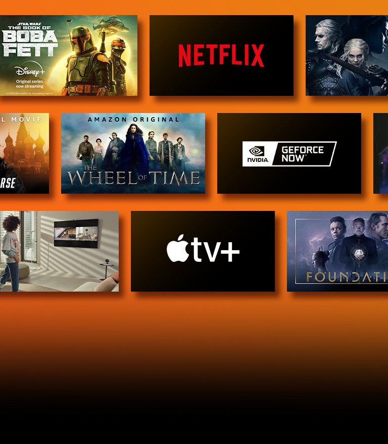 Montre les logos des plateformes de diffusion en continu et des images assorties se trouvent directement à côté de chaque logo. Logo Netflix avec La maison de papier et The Witcher. Logo Disney avec Le Livre de Boba Fett. Logo Prime Video avec Sans aucuns remords et La Roue du temps. Logo LIVENow avec vignette Mamamoo et vignette Oneus. Logo NVIDIA GeForce Now avec images des jeux Cyberpunk 2077 et Splitgate. Logo 1Million avec deux images de filles qui dansent. Logo Apple TV plus avec Fondation et Finch.