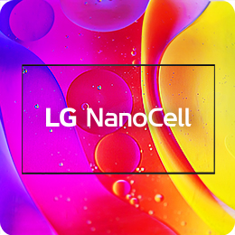 Les logos du téléviseur et de LG NanoCell sont placés au milieu – un motif abstrait et coloré de grosses gouttes s’affiche sur l’écran NanoCell. 