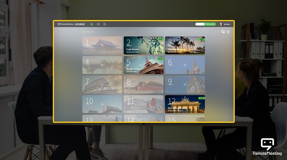 L’écran qui montre plusieurs salles de réunion dans la fonctionnalité RemoteMeeting.