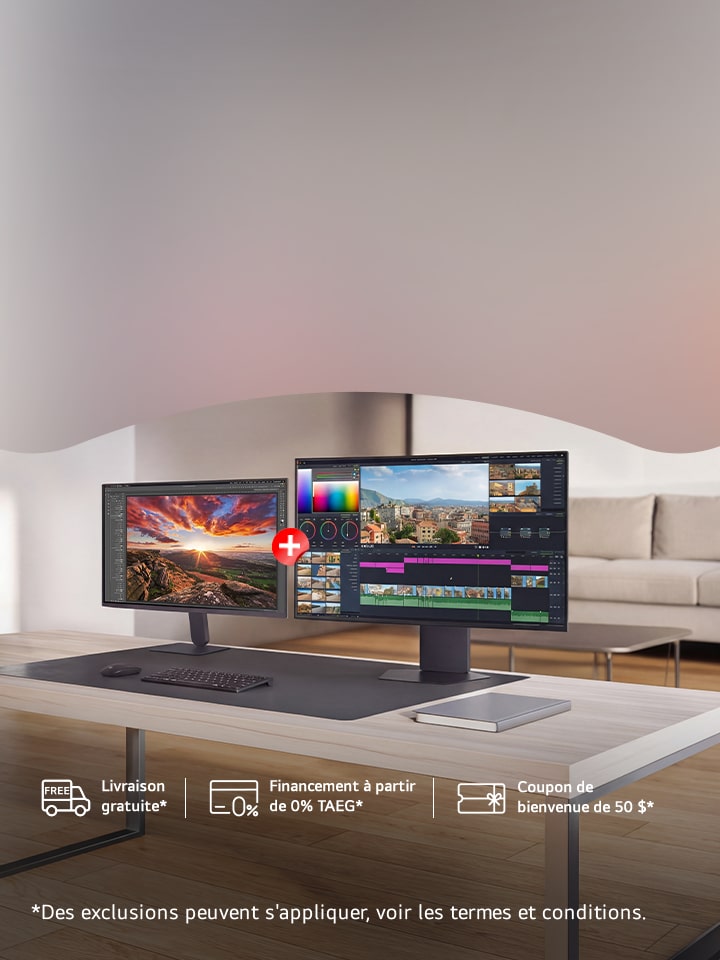 Doublez votre vue : Deux écrans. Une mise à niveau. Achetez un moniteur admissible et recevez un cadeau moniteur gratuit