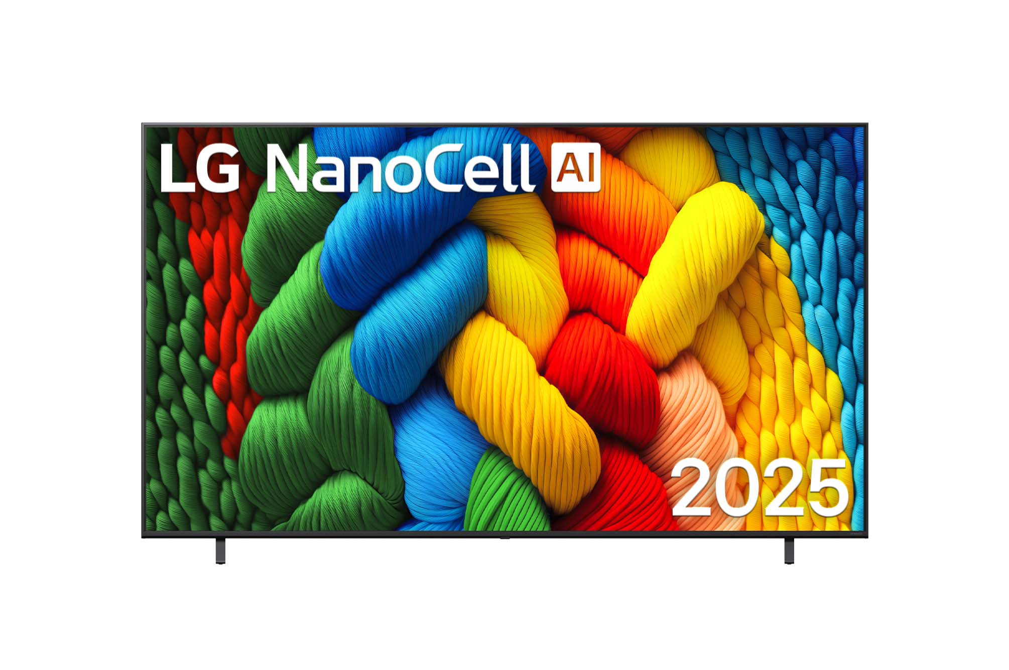 Vorderansicht des NanoCell TV, LG NanoCell Al-Logo in der oberen Ecke. LG NanoCell NANO80 TV zeigt farbenfrohe, malerische Texturen, die zusammenkommen.