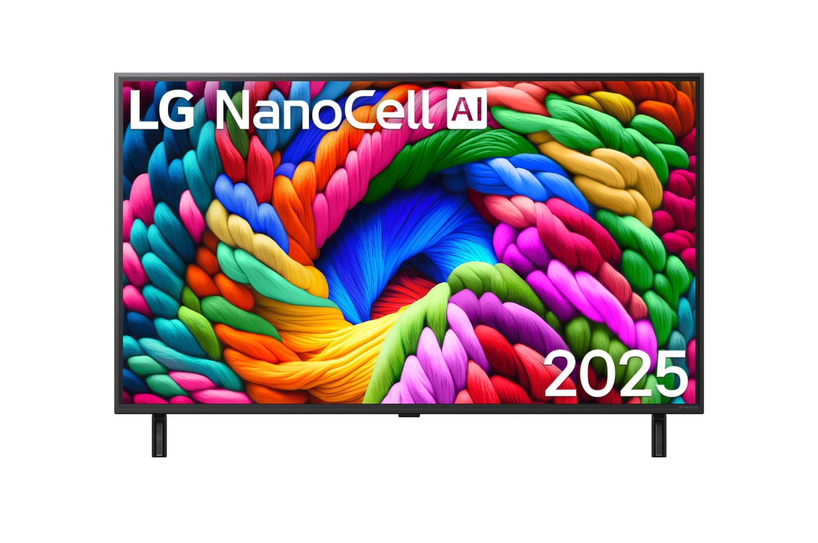 Vorderansicht des NanoCell NANO90 TV, LG NanoCell Al-Logo in der oberen Ecke. LG NanoCell TV zeigt farbenfrohe, malerische Texturen, die zusammenkommen.