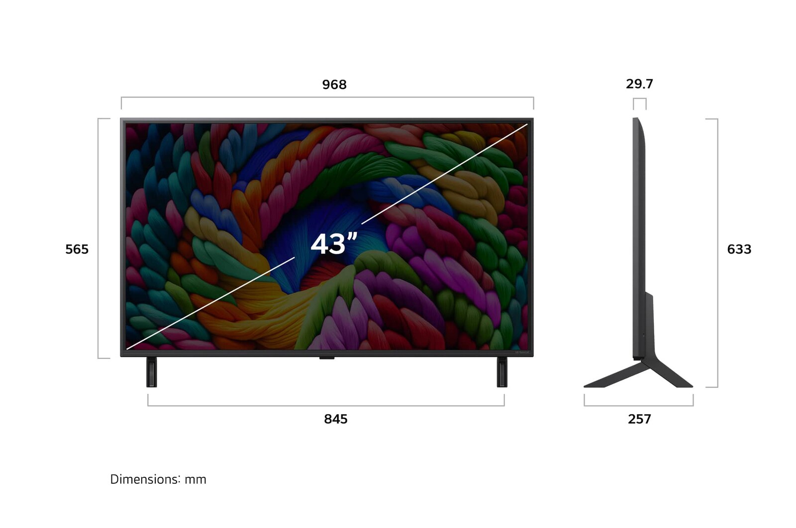Frontansicht und Seitenansicht des LG NanoCell NANO90 AI 4K Smart TV mit den Abmessungen Länge, Breite, Höhe und Tiefe.