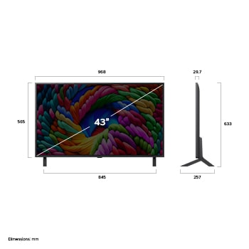 Frontansicht und Seitenansicht des LG NanoCell NANO90 AI 4K Smart TV mit den Abmessungen Länge, Breite, Höhe und Tiefe.