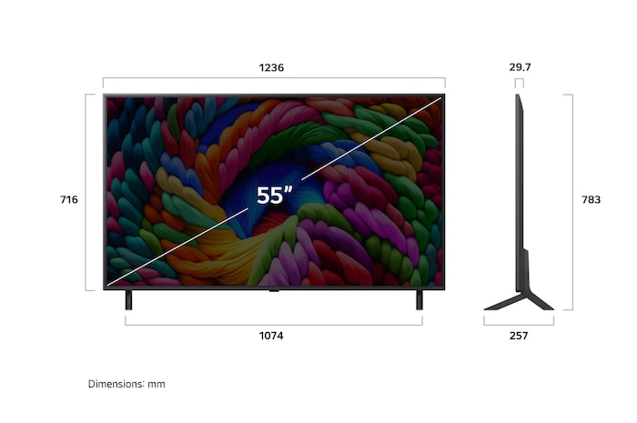Frontansicht und Seitenansicht des LG NanoCell NANO90 AI 4K Smart TV mit den Abmessungen Länge, Breite, Höhe und Tiefe.