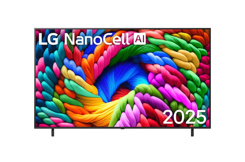 Vorderansicht des NanoCell NANO90 TV, LG NanoCell Al-Logo in der oberen Ecke. LG NanoCell TV zeigt farbenfrohe, malerische Texturen, die zusammenkommen.