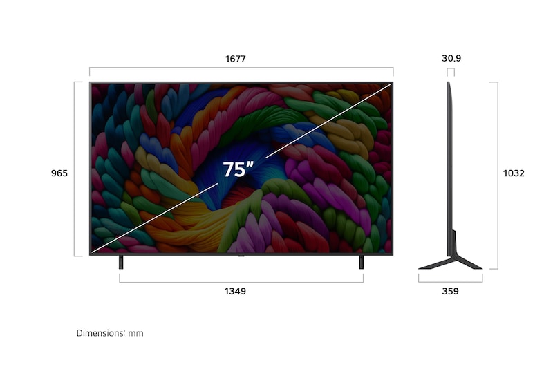Frontansicht und Seitenansicht des LG NanoCell NANO90 AI 4K Smart TV mit den Abmessungen Länge, Breite, Höhe und Tiefe.