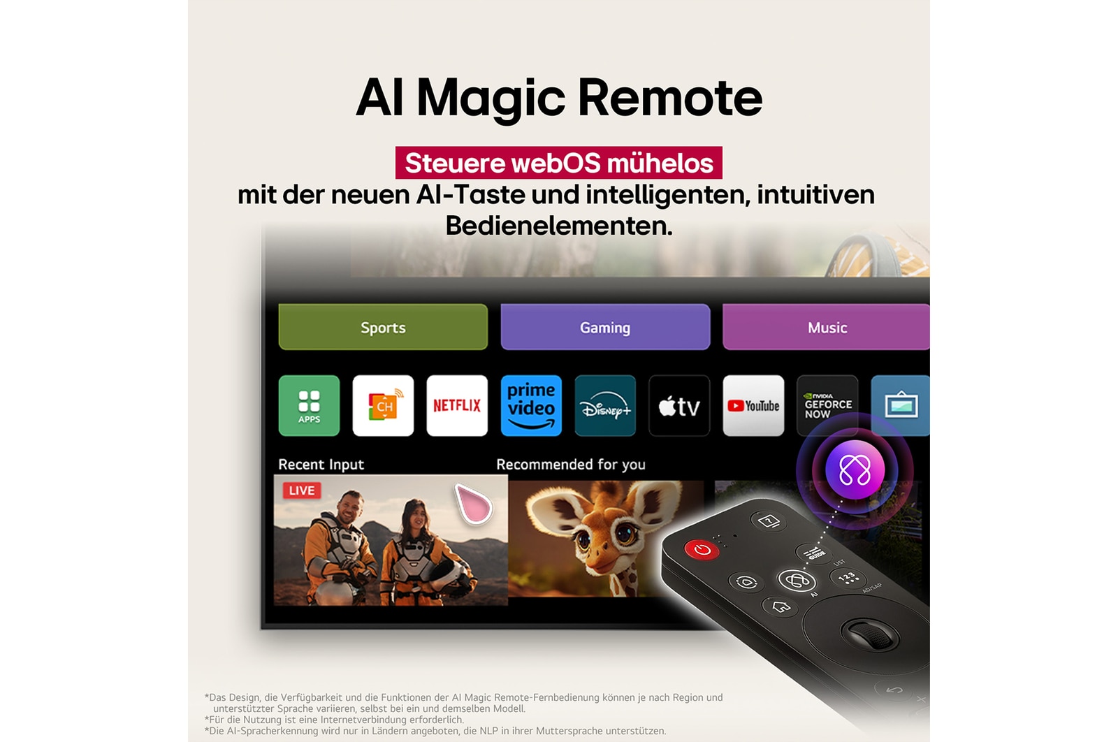 Auf dem Bildschirm eines LG OLED-Fernsehers befindet sich die webOS 25-Startseite, die mit Apps und Unterhaltungsinhalten gefüllt ist. Neben dem Fernseher befindet sich die LG AI Magic Remote-Fernbedienung. Der AI Button ist hervorgehoben, als ob sie durch die Stimme des Benutzers aktiviert wurde. Daneben befindet sich eine Sprechblase, die auf "Mein Profil" umschaltet. Der kurze Text erklärt, wie Nutzer nun ihre Stimme mit ihrem persönlichen Profil synchronisieren können, um eine einfachere Navigation und personalisierte Empfehlungen zu erhalten.
