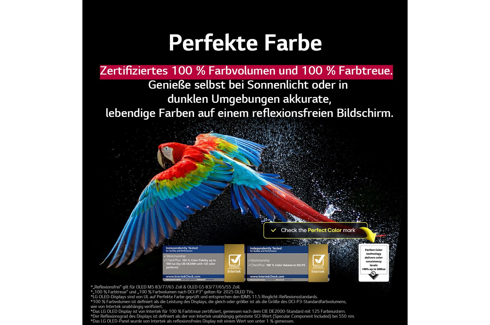 Bunter Papagei in ultrahoher Auflösung vor schwarzem Hintergrund. Rundherum schweben Wassertropfen in der Luft. Das Bild präsentiert Perfect Color, wobei jeder einzelne Farbton auf dem Körper des Papageis leuchtend und lebendig ist. Der dunkle Hintergrund mit den detaillierten Wasserspritzern unterstreicht außerdem, dass der Bildschirm reflexionsfrei ist. Verschiedene Logo-Zertifizierungen von UL und Intertek sind sichtbar. Diese beziehen sich auf seine 100%ige Farbtreue, sein 100%iges Farbvolumen und seine Reflexionsfreiheit. Auch Text ist sichtbar, „schau dir das Prüfzeichen für Perfect Color an“.