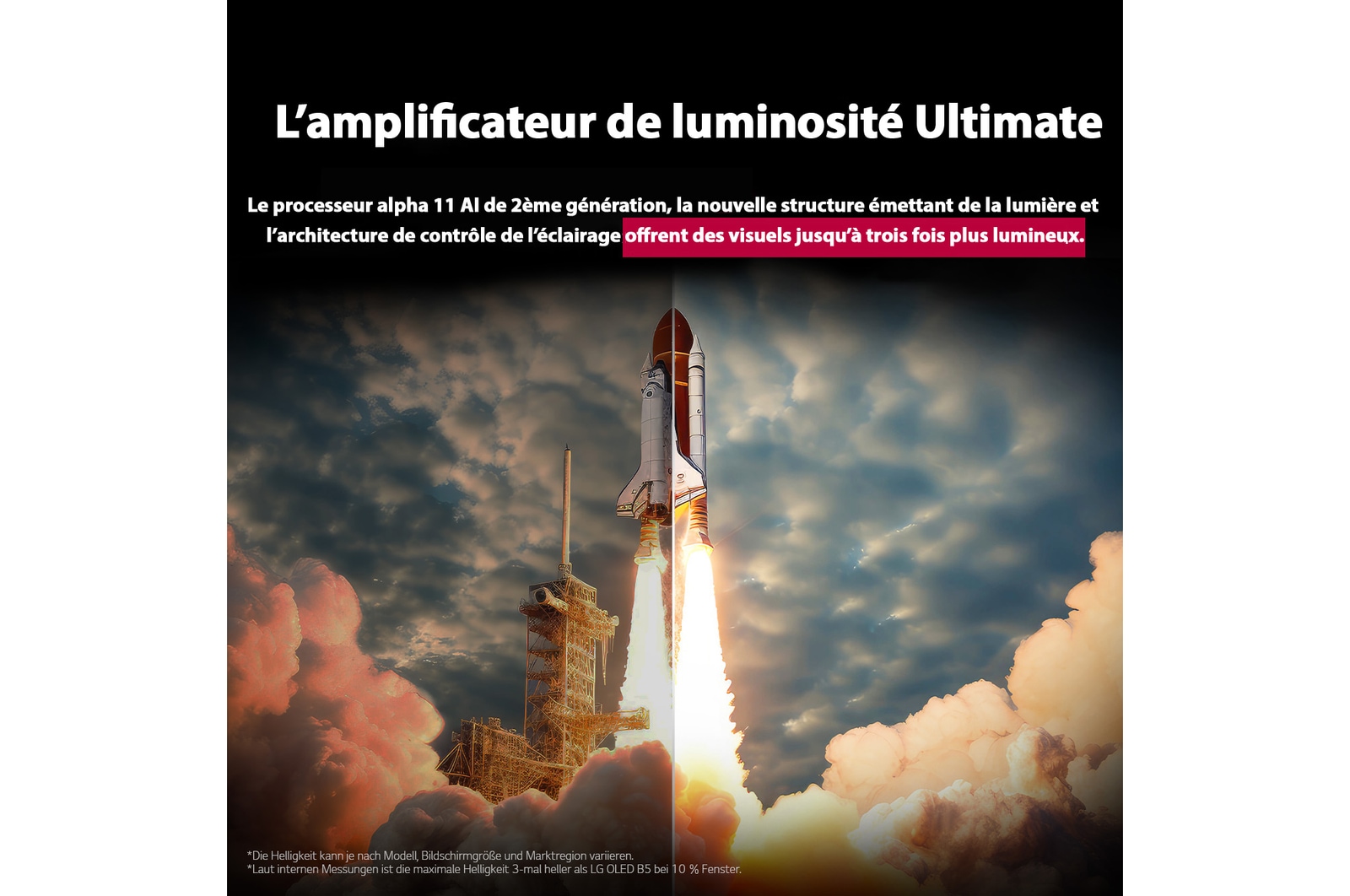 Ein Space Shuttle startet vom Boden. Die Szene ist in der Mitte geteilt, wobei eine Hälfte etwas dunkler und matter ist. Die andere Hälfte zeigt, wie hell die Raketenexplosion ist, und demonstriert, wie hell Bilder auf einem LG OLED TV-Bildschirm mit der lichtemittierenden Struktur und der Beleuchtungssteuerungsarchitektur von Brightness Booster Ultimate sein können.