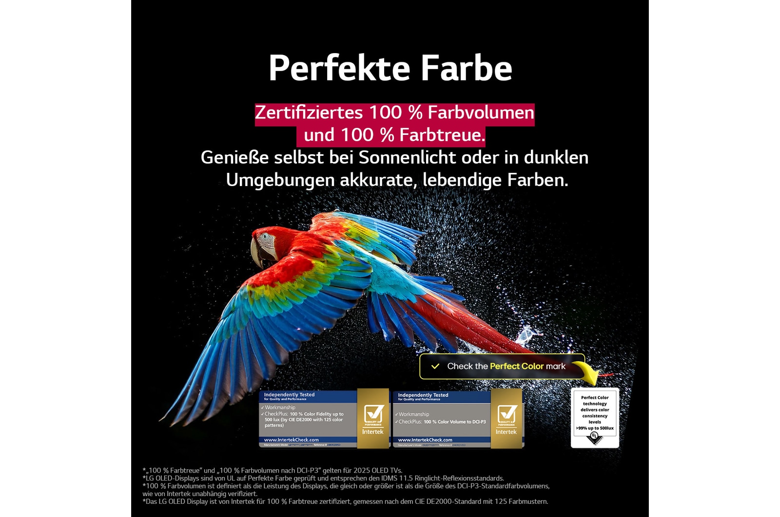 Bunter Papagei in ultrahoher Auflösung vor schwarzem Hintergrund. Rundherum schweben Wassertropfen in der Luft. Das Bild präsentiert Perfect Color, wobei jeder einzelne Farbton auf dem Körper des Papageis leuchtend und lebendig ist. Der dunkle Hintergrund mit den detaillierten Wasserspritzern unterstreicht außerdem, dass der Bildschirm reflexionsfrei ist. Verschiedene Logo-Zertifizierungen von UL und Intertek sind sichtbar. Diese beziehen sich auf seine 100%ige Farbtreue, sein 100%iges Farbvolumen und seine Reflexionsfreiheit. Auch Text ist sichtbar, „schau dir das Prüfzeichen für Perfect Color an“.