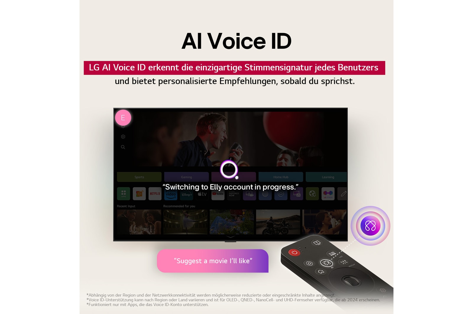 LG TV-Bildschirm mit einer AI Magic Remote im Vordergrund. Die KI-Schaltfläche ist hervorgehoben und eine Sprechblase zeigt den Text „Schlage einen Film vor, der mir gefällt“. Auf dem Bildschirm sehen wir das Benutzersymbol E, das anzeigt, dass AI Voice ID in der Lage war, den Benutzer zu identifizieren und personalisierte Empfehlungen allein auf der Grundlage seiner Stimme zu geben. 