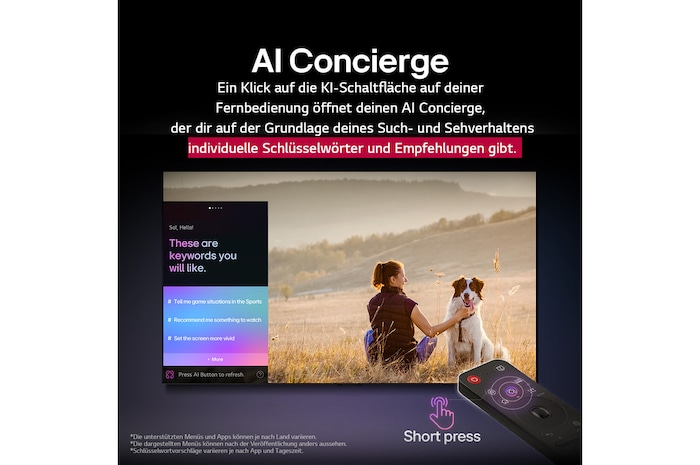 LG AI Magic Remote vor einem LG TV-Bildschirm. Auf dem Bildschirm erscheint eine personalisierte Begrüßung durch die LG KI mit benutzerdefinierten Schlüsselwörtern, die auf dem Such- und Sehverlauf des Benutzers basieren. An der Fernbedienung befinden sich ein Symbol und ein Hinweis darauf, dass die AI Concierge-Funktion mit einem kurzen Druck auf die KI-Schaltfläche leicht zugänglich ist. 