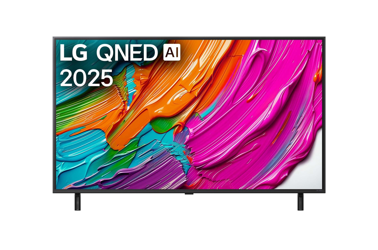 Frontansicht des LG QNED80 TV, LG QNED Al Logo in der oberen Ecke. LG QNED TV zeigt farbenfrohe, malerische Texturen, die zusammenkommen.