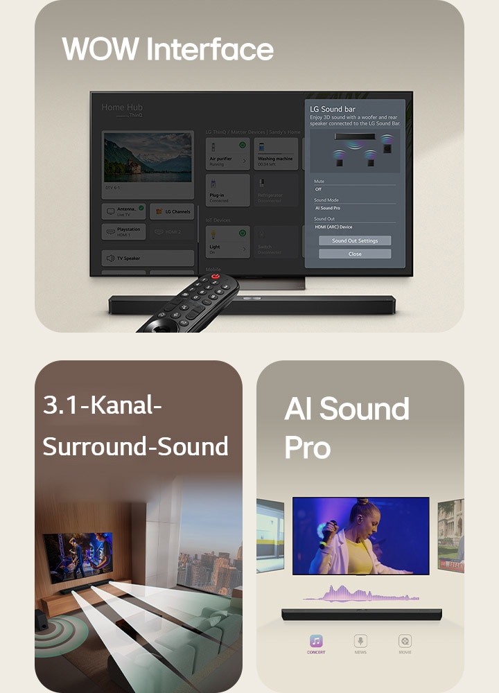 Ein Bild einer LG Soundbar, einer LG Fernbedienung und eines LG TVs, das die WOW Interface Funktion auf dem Bildschirm zeigt.  Ein Bild eines LG TVs und einer LG Soundbar in einem Wohnzimmer, wobei eine Musikaufführung abgespielt wird. Weiße, aus Tröpfchen bestehende Klangwellen werden von der Soundbar projiziert und um das Sofa und den Wohnraum geschlungen, um Surround-Sound darzustellen. Durch das Fenster ist die Skyline der Stadt zu sehen.  Ein Bild der LG Soundbar mit drei verschiedenen Fernsehern darüber. Einer zeigt einen Film, einer ein Konzert und der andere eine Nachrichtensendung. Unterhalb der Soundleiste befinden sich die Symbole für Konzerte, Nachrichten und Filme.
