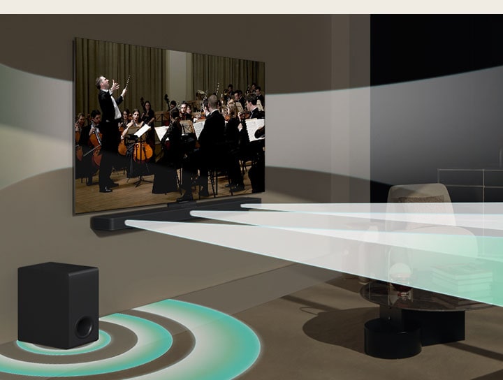 Eine Konzertszenen wird auf dem LG TV an der Wand abgespielt. Virtueller Soundeffekt kommt gleichzeitig aus dem LG TV, der LG Soundbar S60T und seinem Subwoofer heraus und zeigt, wie WOW Orchestra entsteht.