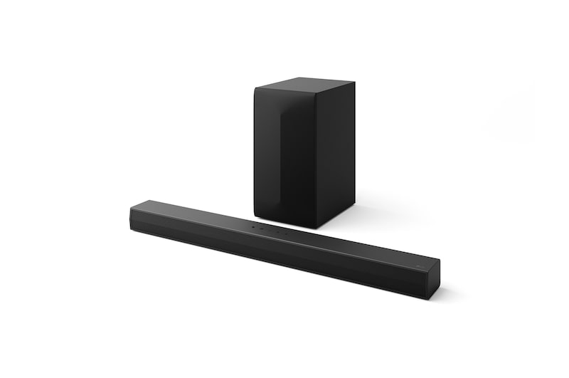 Schrägansicht der LG Soundbar DS60T, Subwoofer und hintere Lautsprecher