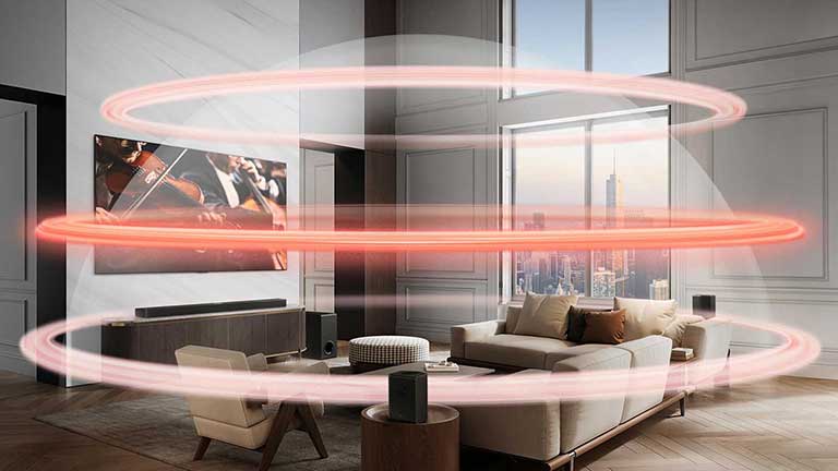 LG TV und LG Soundbar befinden sich in einer großen Stadtwohnung. Drei rote Bänder erscheinen nacheinander und stellen virtuelle Ebenen dar, die sich zu einer ganzen Klangkuppel zusammenfügen.