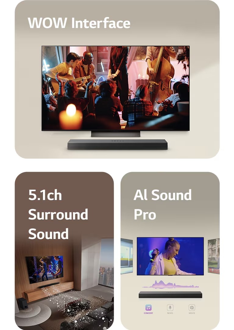 Die LG-Fernbedienung zeigt auf einen LG TV mit einer LG Soundbar darunter. Auf dem Bildschirm des LG TVs wird das Menü der WOW-Oberfläche angezeigt.  LG Soundbar, LG TV, hintere Lautsprecher und Subwoofer stehen in einem Wohnzimmer und zeigen ein Bild auf dem Bildschirm, während eine Musikaufführung gespielt wird. Drei Zweige weißer, aus Tröpfchen bestehender Schallwellen ragen aus der Soundbar und ein Subwoofer erzeugt einen Klangeffekt von unten.  LG Soundbar mit drei verschiedenen Fernsehern darüber. Einer zeigt einen Film, einer ein Konzert und der andere eine Nachrichtensendung. Unter der Soundbar befinden sich drei Symbole für jedes Genre.