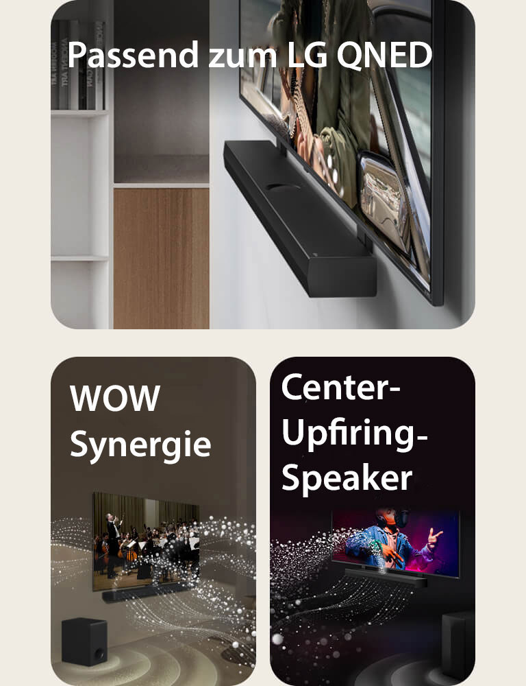 Die LG Soundbar und der LG QNED Fernseher an der Wand mit der passenden QNED-Halterung in einem grauen und hölzernen Wohnraum in schräger Perspektive, wobei ein gitarrespielender Mann vor dem Meer zu sehen ist.   LG Soundbar und LG TV in einem Wohnzimmer bei der Wiedergabe einer Orchesteraufführung. Von der Soundbar gehen weiße Tröpfchen, die Schallwellen darstellen, nach oben und nach vorne und projizieren vom Fernseher, während der Subwoofer von unten einen Klangeffekt erzeugt.  LG Soundbar und LG TV in einem schwarzen Raum bei der Wiedergabe einer Musikaufführung. Von der Soundbar kommen weiße Tröpfchen, die Schallwellen darstellen, nach oben und nach vorne, während der Subwoofer von unten einen Klangeffekt erzeugt.