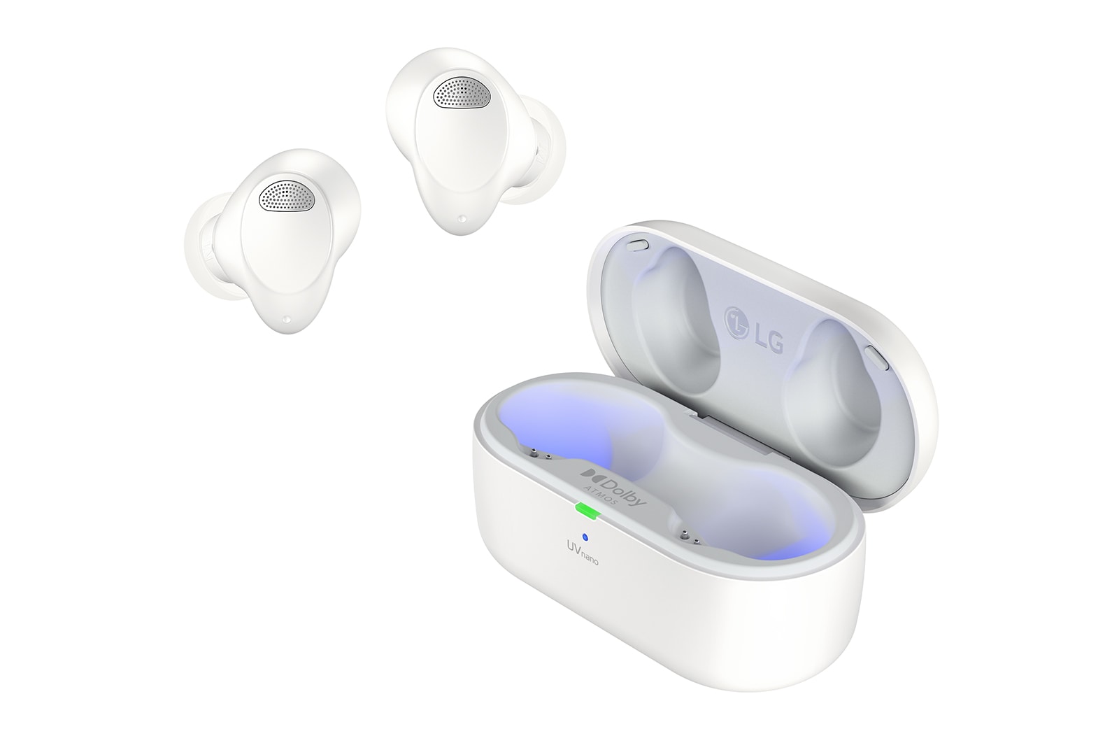 While the earbuds are in the air, light is emitted from the case, opening the cradle's lid. Plug and Wireless appear on the left
