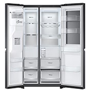 LG Side-by-Side mit InstaView Door-in-Door® | Eis-, Crushed Ice- und Wasserspender | 635 Liter Kapazität | Energieeffizienzklasse E | Festwasseranschluss | Matte Black Steel | GSXV90MCAE, GSXV90MCAE