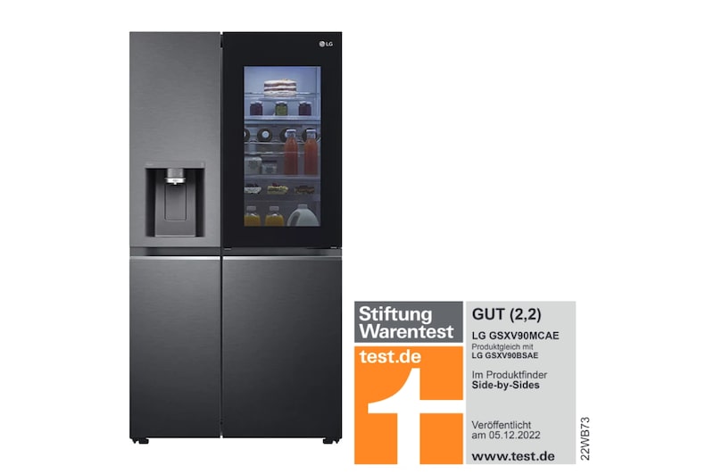 LG Side-by-Side mit InstaView Door-in-Door® | Eis-, Crushed Ice- und Wasserspender | 635 Liter Kapazität | Energieeffizienzklasse E | Festwasseranschluss | Matte Black Steel | GSXV90MCAE, GSXV90MCAE
