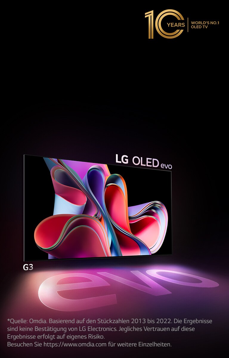 Ein Bild des LG OLED G3 auf einem schwarzen Hintergrund zeigt ein abstraktes Kunstwerk in leuchtendem Pink und Violett. Der Bildschirm präsentiert sich in einem farbenfrohen Schatten mit dem Wort „evo“. Das Emblem „10 Jahre weltweite Nr. 1 OLED TV“ befindet sich oben links auf dem Bild. 