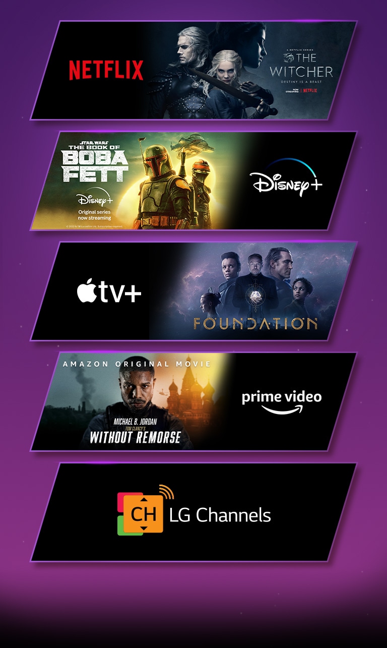 Es gibt 5 Bildblöcke – jeder mit dem Logo einer Streaming-Plattform und Ausschnitten. Netflix-Logo mit The Witcher, Disney-plus-Logo mit Das Buch von Boba Fett, Apple-TV-plus-Logo mit Foundation, Prime-Video-Logo mit Tom Clancy's Gnadenlos und LG-Channels-Logo (nur Logo).
