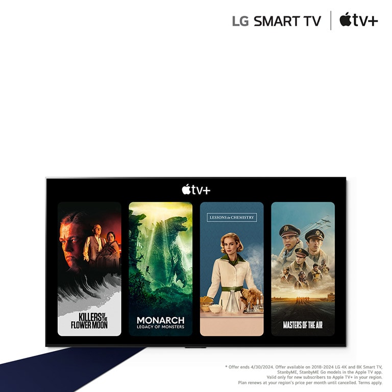 Ein Bild von LG OLED TV. Der Inhalt von Apple TV+ ist auf dem Bildschirm zu sehen und die Überschrift lautet: „Erhalten Sie drei Monate Apple TV+ gratis mit LG Smart TVs.“