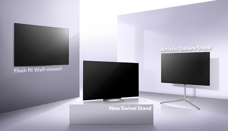 Bild, welches das Design und die Installationsoptionen eines Produkts beschreibt. Links – Bündige Wandmontage/Mitte – der neue schwenkbare Swivel-Standfuss/Rechts – der künstlerische Gallery-Standfuss