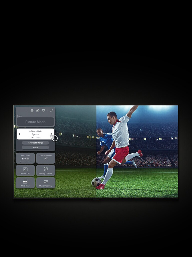 Ein LG TV zeigt einen Fussballspieler auf einem Spielfeld. Im Menü links werden die Einstellungen angezeigt und der Cursor klickt, um die Bildeinstellungen von «Lebendig» in «Sports Mode» zu ändern. Eine grafische Linie läuft über den Bildschirm und es wird ein leuchtendes und schärferes Bild sichtbar.