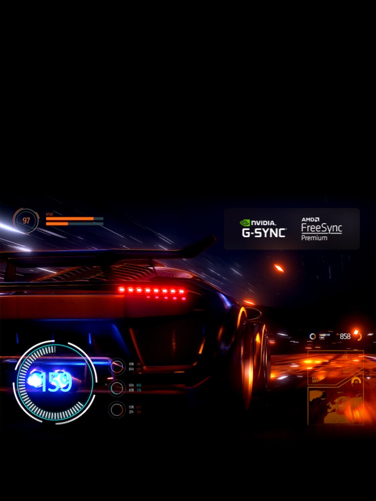 Eine verschwommene Szene mit einem Auto in einem Rennspiel. Der Tachometer wird eingeblendet. Mit zunehmender Geschwindigkeit wird die Szene verfeinert, schärfer und flüssiger und in der oberen rechten Ecke erscheinen die Logos von NVIDIA G-SYNC und FreeSync Premium.