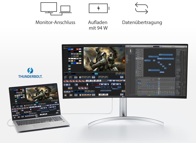 Monitor-Anschluss  |  Aufladen mit 94 W  |  Datenübertragung