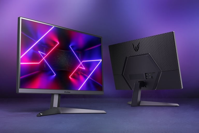 Zwei Monitorbilder, die die Vorder- und Rückseite des Monitors zeigen.
