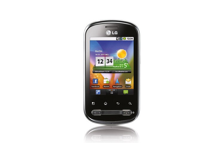 Vorderseite von OPTIMUS ME Einsteiger-Smartphone mit hochwertigem 2,8 Zoll Display, MP3 Player, Kopfhöreranschluss und erweiterbarem Speicher P350
