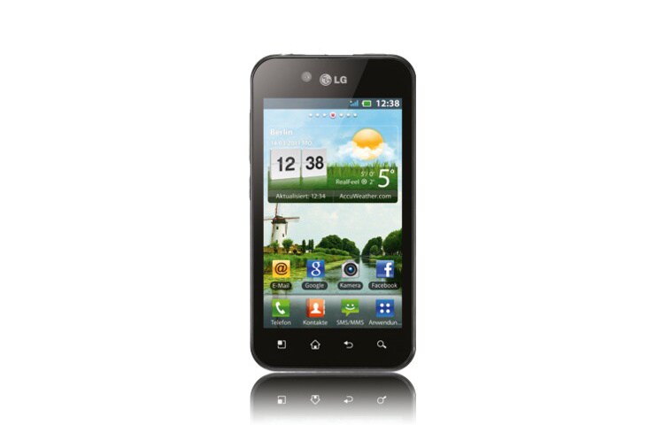 Vorderseite von OPTIMUS black Touchscreen Smartphone, in elegantem Design, extrem dünn und leicht, mit superhellem NOVA-Display P970