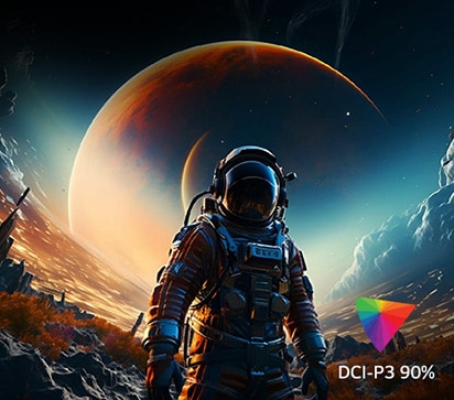 Der Bildschirm enthält verschiedene Farben, die UHD 4K darstellen, und in der unteren rechten Ecke befindet sich ein Logo, das DCI-P3 90 % anzeigt.