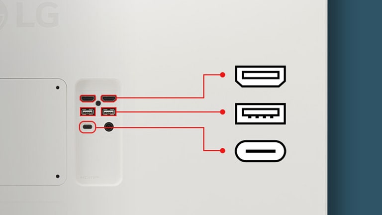 Auf der Nahaufnahme der Rückseite des Monitors befinden sich zwei HDMI-Anschlüsse, zwei USB-Anschlüsse und ein USB Typ-C-Anschluss.
