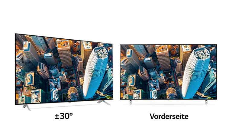 Draufsicht auf eine Stadt auf zwei TV-Bildschirmen, wobei der linke die Ansicht abgewinkelt und der rechte die gleiche Ansicht von vorn zeigt.