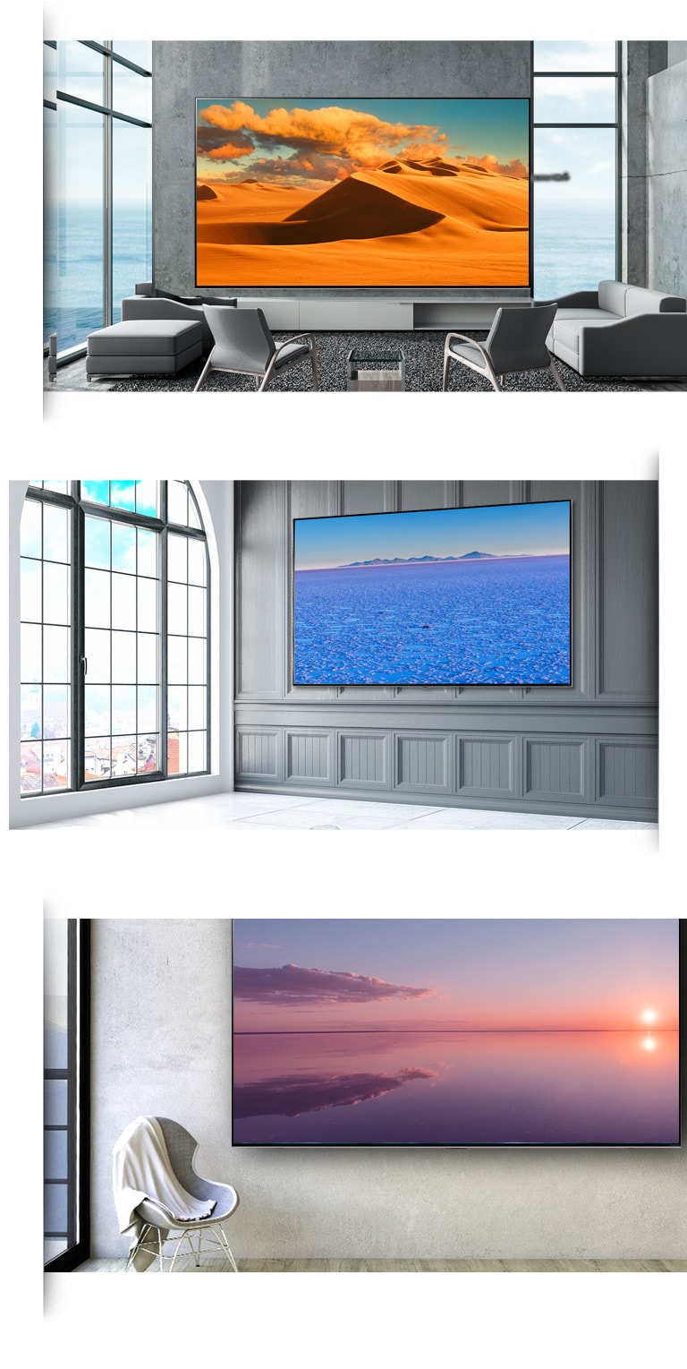 Drei Bilder eines großen Flachbildfernsehers, der inmitten verschiedener moderner Interieurs an der Wand montiert ist.