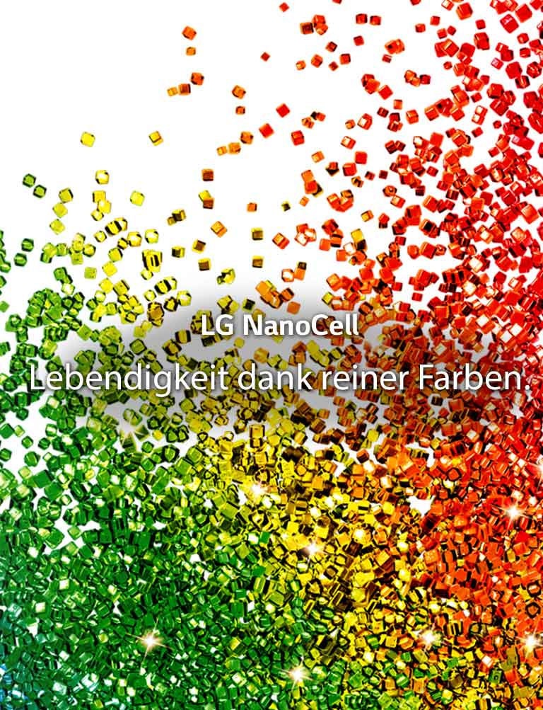 Ein Bildschirm voller Partikel in leuchtenden Farben, die vor einem weißen Hintergrund aufblitzen.