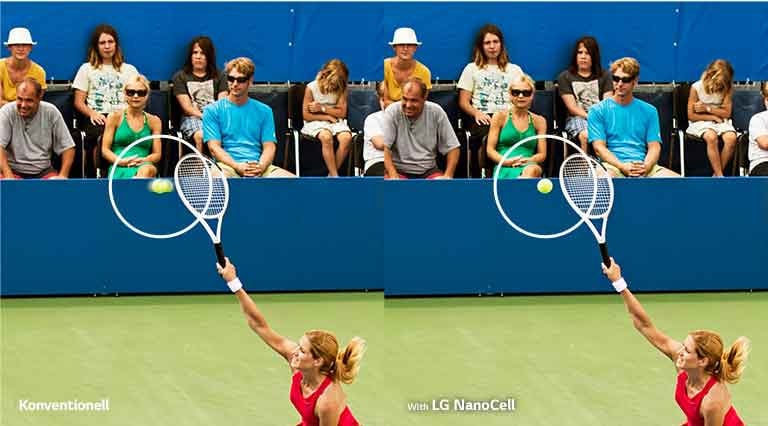 Eine Frau spielt Tennis. Die Szene wird wiederholt, links wird sie auf einem herkömmlichen Fernseher mit unscharfen Bewegungen angezeigt, rechts ist sie auf dem LG NanoCell TV mit scharfen, klaren Bildern zu sehen.