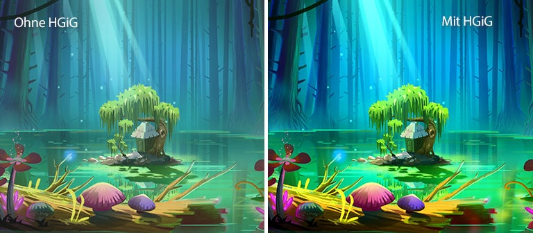 Zu sehen ist ein animiertes Bild mit einem kleinen Haus und einem Baum auf einer winzigen Insel, die sich inmitten eines Teiches befindet, der von hohen und kahlen Bäumen umgeben ist. Die rechte, mit dem Schriftzug „With HGiG“ (mit HGiG) oben rechts versehene Bildhälfte ist heller und hat eine bessere Bildqualität als die linke Hälfte „Without HGiG“ (ohne HGiG).