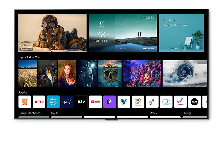 Ein TV-Bildschirm, der dem Benutzer ganz bequem das Wetter, Top-Empfehlungen, Apps und das Home Dashboard anzeigt.