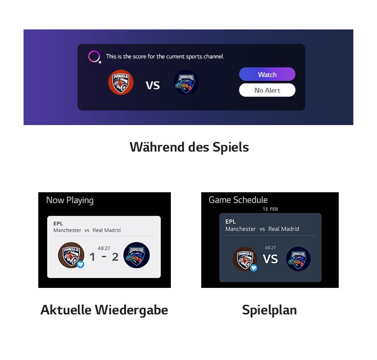 Verschiedene Arten von Meldungen mit Ergebnissen, Spielplänen und Startzeiten sind horizontal unter dem Bild aufgelistet.