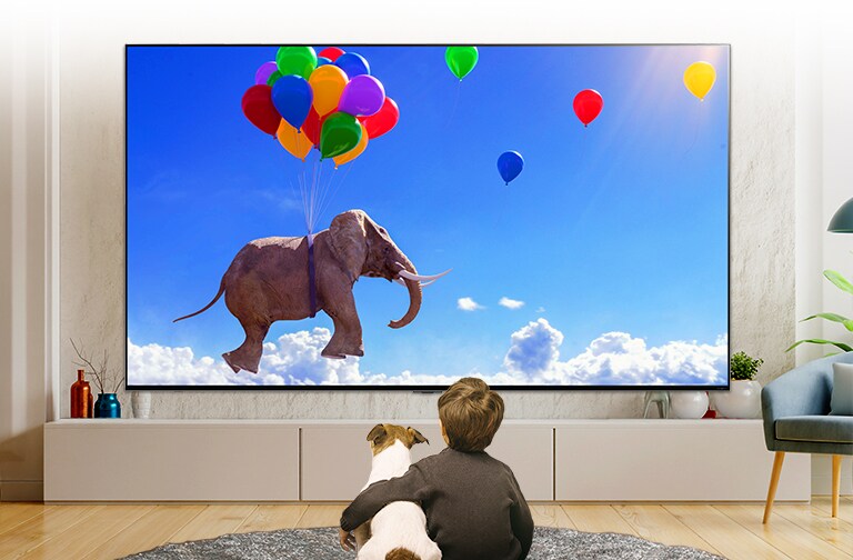 Ein Kind sitzt mit einem Hund vor einem großen, an der Wand angebrachten LG QNED MiniLED TV. Der Bildschirm zeigt einen Elefanten, der über den Wolken in einem blauen Himmel mit Luftballons schwebt.