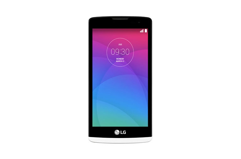 Vorderseite von LG Leon Android Smartphone mit 11,4 cm (4,5 Zoll) Display, 1,3-GHz-Quad-Core-Prozessor und 5-MP-Kamera mit Selfie Cam-Funktion H320
